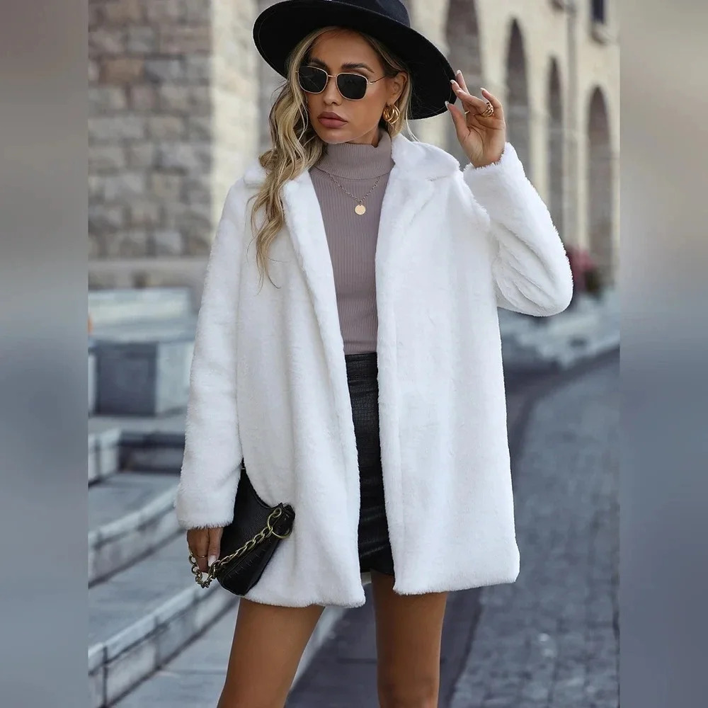 Lapel Neck Hidden Pocket Fuzzy Coat